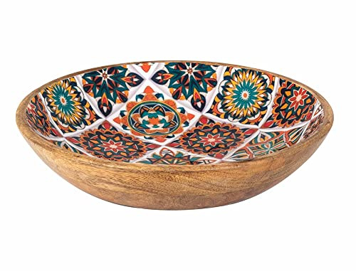 ORIGEN Grande corbeille en bois de manguier, Collection Rétro Carreaux de ciment, Diamètre 30 cm