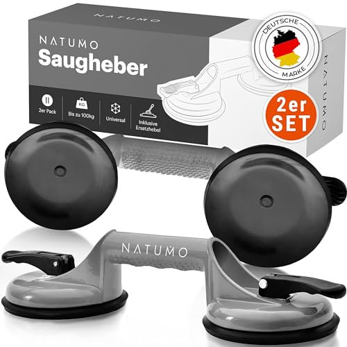 NATUMO® Saugheber [2er Set] - Glassauger mit 100kg Tragkraft - Vakuumheber mit ergonomischen & rutschfesten Griffen für Fliesen, Möbel, Glas, Laminat, Vinyl & Terrassenplatten [Silber]