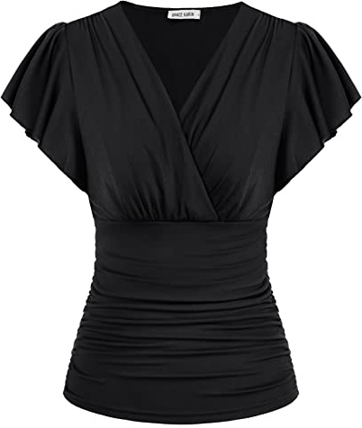 GRACE KARIN Women's Summer Top Short Ruffle Sleeve V-Neck Ruched Casual Tops Blouses Vintage Top