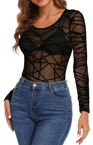 Ysabeloom Blusa transparente de malla de manga larga para mujer, Negro (Black-1), M