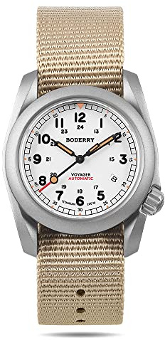 BODERRY Men's Watch Titanium Automatic Field Watch 40mm Military Watch Day Date Function 100M Waterproof with Nylon Strap Japanese Mechanical Movement & Screw Down Crown—Voyager