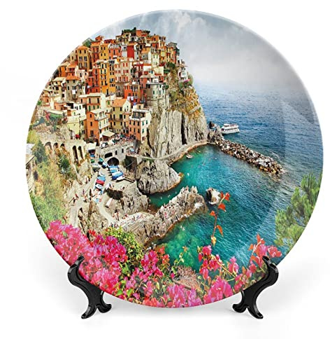 XISUNYA 7 Inch Decorative Plate, Italy Round Porcelain,Monarola Antique Village in Cinque Terre Coastal Summer Beach Scenic Print Ceramic Wall Hanging for Home Office Party Dinner Table Decor