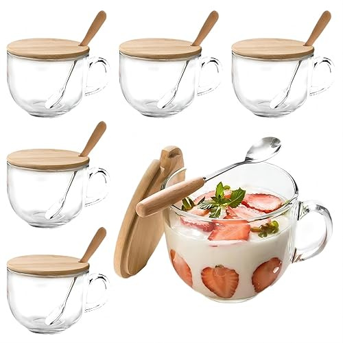 Sliner 6 Sets 16 oz Large Glass Coffee Mugs Gifts with Bamboo Lids Spoons Handle Vintage Clear Glass Tea Cups Jumbo Cute Coffee Bar Accessories for Hot Cold Iced Beverage Glassware