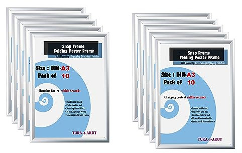 TUKA-i-AKUT 10er A3 Klapprahmen aus Aluminium 25 mm Profil, Plakatrahmen Wechselrahmen Poster Rahmen Schnapprahmen Aufklappbar mit Schutzscheibe Befestigungsmaterial, Silber Farbe, TKD8420-A3-10X
