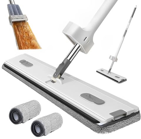 Grande serpillère plate avec fonction essorage, articulation à 360 °, balai plat avec 2 chiffons en microfibre, balai plat avec poignée en acier inoxydable, kit de serpillère pour bois dur, carrelage,