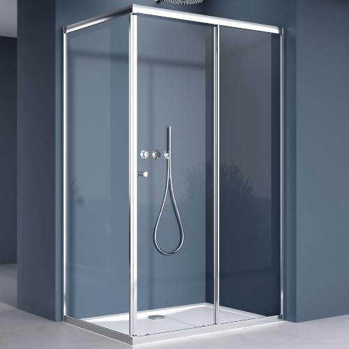 doporro Duschkabine Schiebetür 100x140x190cm Duschabtrennung Eckeinstieg | ESG-Sicherheitsglas Klarglas inkl. beidseitiger Easy-Clean-Beschichtung | Aluminiumrahmen in Chrom | Ravenna16L-K