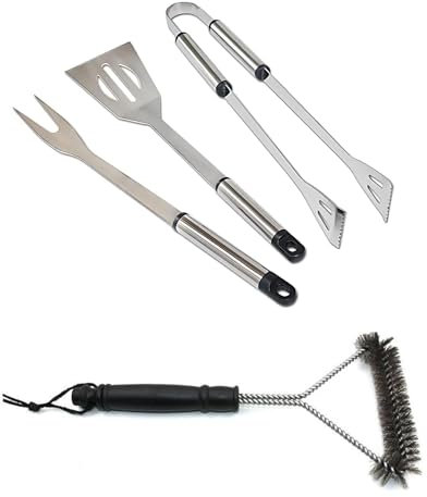 ADEPTNA Premium Stainless Steel 4pcs BBQ Tools Set - Complete with Fork Tongs Turner and BBQ Grill Cleaning Brush - Ideal for BBQ Enthusiasts or in the Kitchen