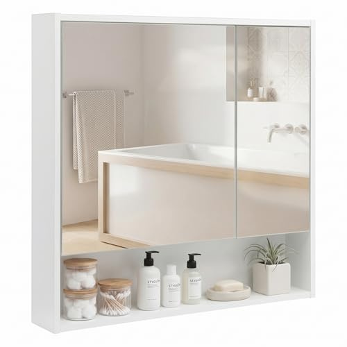HollyHOME Bathroom Mirror Cabinets with Shelf, 78cm Wide Double Mirror Door Bathroom Cabinet Wall Mounted Toilet Storage Cupboard, White