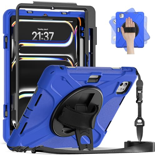 BRAECN for iPad Pro 11 inch Case M5/M4 2025/2024, Heavy Duty Shockproof Protective with Pencil Holder Screen Protector 360°Rotating Stand Handle & Shoulder Strap Full Body Cover Kids Friendly