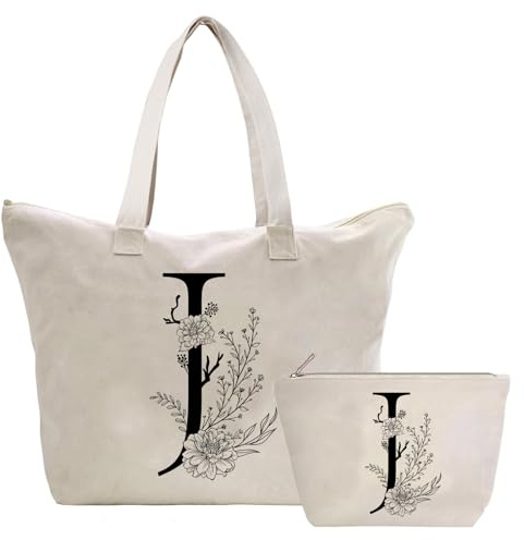 Toozen Sac Fourre-Tout en Toile avec Initiale Fleur, Personnalisés Sac Tote bag en Toile Coton Trousse de Maquillage, Idéal pour Mariage Anniversaire Noël, Cadeau pour Femmes Amis Maman Sœurs J