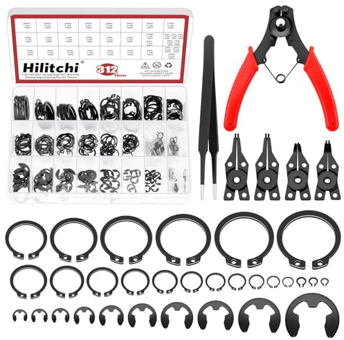 Hilitchi Assortiment de 312 anneaux de fixation externes en acier au manganèse (M4-M28) + assortiment d'anneaux de retenue externes E-Clip (1,5 mm-10 mm) + ensemble de pinces à anneau + pince à épiler