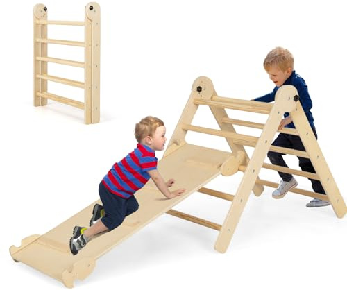HOMASIS 3-in-1 Kletterdreieck Indoor, Klettergerüst mit Rutsche, doppelseitige Rampe & Kletterleiter, Sprossendreieck klappbar & 5 Höhe verstellbar, Kinder Spielplatz, für Baby ab 1 Jahren (Natur)
