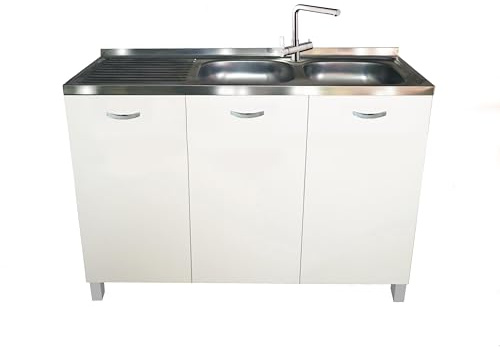 MABEL Mueble bajo fregadero de cocina blanco organizador de madera ennoblecida con fregadero de apoyo de acero con cubetas a la derecha con escurridor – L 120 cm x P 50 cm x H 83,5 cm
