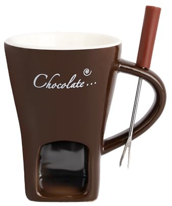 Ceramic Chocolate Fondue Mug - Melting Butter Pot with Fork, Cheese Warmer Cup, Butter Fondue Heated (Brown, NO CANDLE) 0808