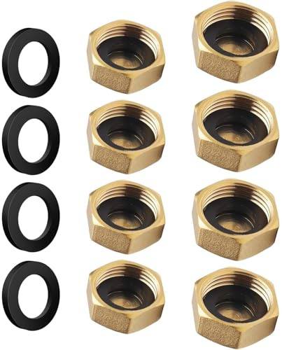 8PCS Brass Blanking Cap,1/2 and 3/4 Female Blanking Stop Cap with Washers | Hex Stop End Caps, Female Thread, Plumbing Fittings, Hexagonal Design, for Washing Machines and Faucets