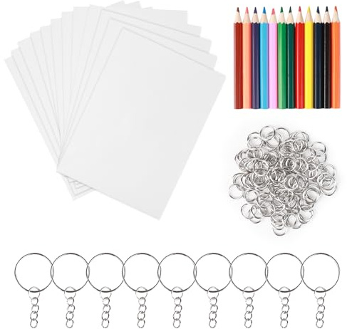 232Stks Schrumpfkunstpapier Set, 20Stks Leer Schrumpfende Plastikfolie, DIY Handwerk Schrumpffilme mit 100 Schlüsselanhängern 100 offenen Ringen 12 Buntstiften, Schrumpfblatt für Kinder Erwachsene