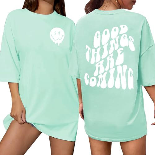 CMTOP T Shirt Oversize Femme à Col Rond Manches Courtes Imprimé De Lettres Loose Tee Shirt Haut Décontracté Chemise Surdimensionné Sport Blouse Coton D'été (Vert, XXL)