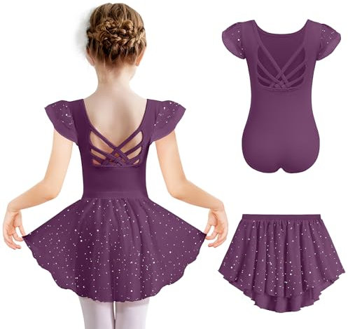 Arshiner Kinder Ballettkleidung Dunkel Lila Ballettkleid Einfarbig Balletttrikot Mädchen Ballett Trikot Kurzarm Ballettanzug Glitzer Tanzkleider Tanztrikot mit Tütü 130/4-5 Jahre