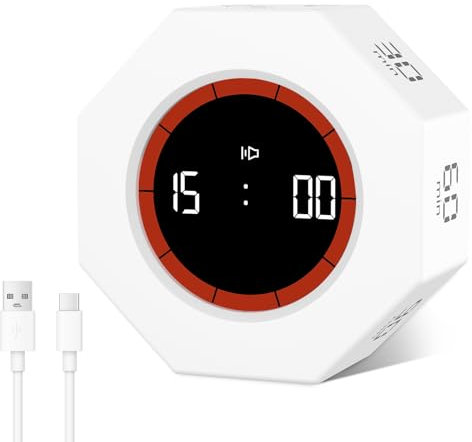 Cuteefun Cube Timer, Achteck Drehbarer Pomodoro-Zähler, 1/3/5/15/30/60/90 Minuten Countdown & Countup-Zähler, Produktivitäts- und Einstellbarer Tonalarm für Kinder, Küche, Sport, Studium, Weiß