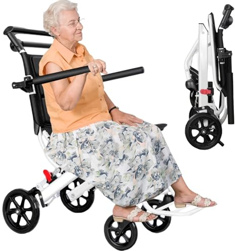 Folding Wheelchair, Portable Lightweight 8.2kg Travel Wheelchair with Handbrakes /280-Degree Rotating Handrails/360-Degree Front Wheels/Seat Belts, 200lb Weight Capacity