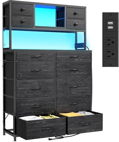 EnHomee Black Dresser with Multiple Fabric Drawers, Dresser for Bedroom with Charging Station and LED Lights,Dressers & Chests of Drawers for Bedroom, Steel Frame & Wooden Top, Entryway