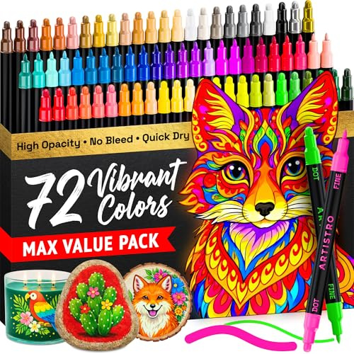 ARTISTRO 72 Acrylic Paint Pens for Rock, Fabric, Wood, Glass, Craft, Decoration - Dual Tip (Dot & Fine) Paint Markers for Teens, Grandkids, Kids - Art and Craft Supplies Kit - Great Gift