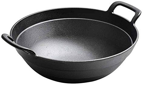 GAOAZHEN Wok de Hierro Fundido Todo en uno, sartén Profunda de Hierro Puro sin Revestimiento, Wok de Doble asa, conducción rápida del Calor, sartén Antiadherente Saludable y Multifuncional, 36 cm