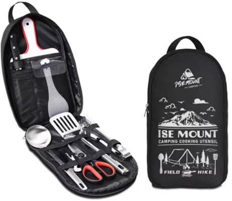 ISE MOUNT Set di Utensili da Campeggio, Kit da Cucina per Escursioni con Borsa da Trasporto, Set Posate e Accessori da Campo