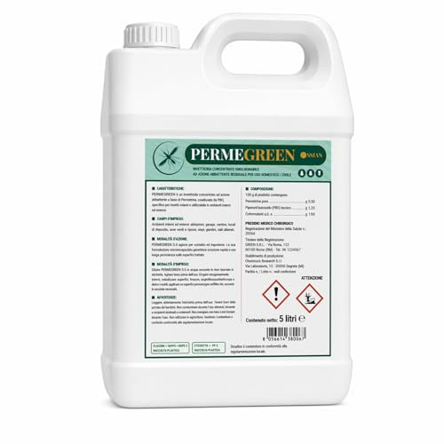 Ossian Permegreen 5.5 Insetticida Concentrato Inodore 5 LT – Permetrina, Tetrametrina e PBO – Azione Abbattente e Residuale – Contro Zanzare, Mosche, Scarafaggi, Blatte, Zecche – Interno/Esterno