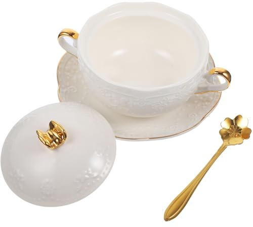 GRIRIW Bol à Dessert Double Anse Doré Et Blanc Avec Couvercle En Céramique, Bol De Service Alimentaire Élégant, Set 3 Pièces, Pour Petit Déjeuner Et Pâtisseries, Vaisselle Raffinée