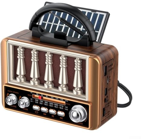 Radio portátil retro: AM/FM/SW, receptor de radio recargable solar con soporte para teléfono y AUX (oro rosa)