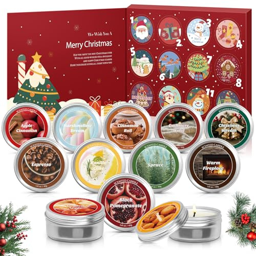 SCENTORINI Velas perfumadas calendario de Adviento de Navidad 2025, juego de regalo, 12 fragancias navideñas, velas perfumadas de Navidad, calendario de Navidad, cera de soja, velas de aromaterapia