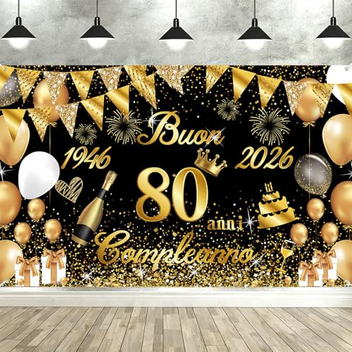 Striscione Buon Compleanno 80 Anni 1946-2026, Seutgjie Decorazioni Compleanno 80 Anni Donna Uomo per Anniversario Oro Nero 180 x 110 cm