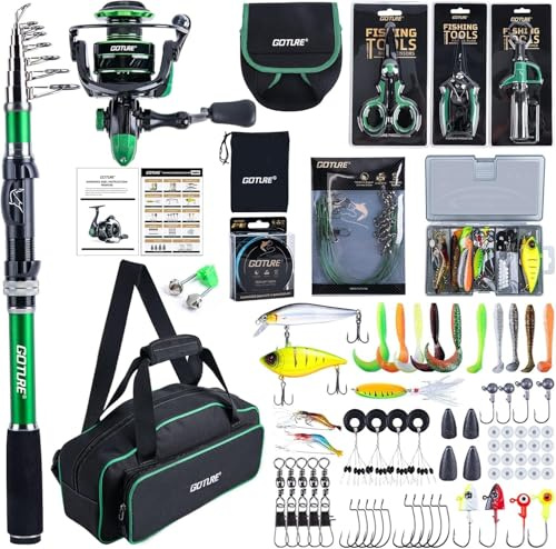 Goture Angelset Komplett (24T Carbon), Teleskop-Brandungsrute aus Kohlefaser & Spinnrolle mit 9+1 gekapselten Kugellagern, inkl. Angelwerkzeuge, Rollentasche - Professionelles Angeln im Salzwasser