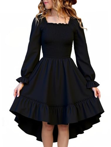 SEAUR Vestido elegante de manga larga para niñas, vestido de fiesta de invierno, cuello cuadrado, ligero, casual, 3-14 años, Negro, 11-12 años