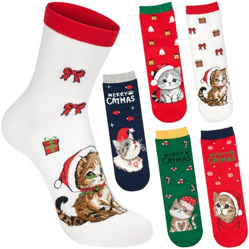 BRUBAKER 5 Par Julsockor med Katter för Damer och Herrar - Merry Catmas - Roliga Sockor för Julen - Färgglada Unisex Myssockor - Varmt och Mjukt - Perfekt Present för Kvinnor och Män - Storlek 30-35