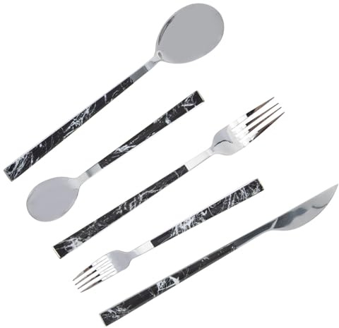DOITOOL Lot de 5 set de Couverts à Steak en Acier Inoxydable Motif Marbre Noir Service de Table Complet Incluant Fourchette Couteau et Cuillère Ensemble d'Ustensiles Cuisine Élégant