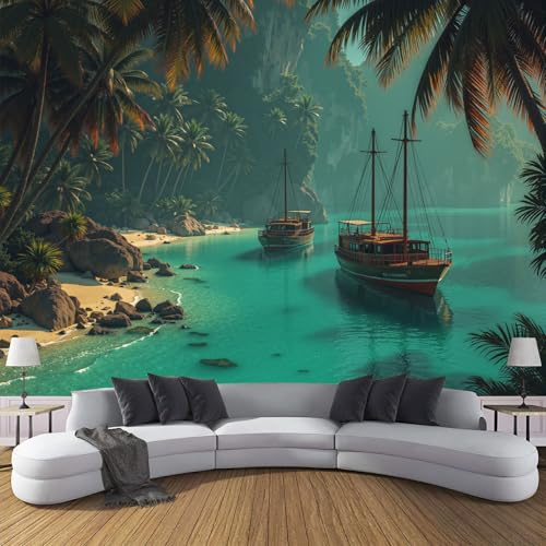 Fotomural Palmera Velero 300x210cm papel pintado TNT, fotomural panorámico Costa Tropical, Mural de Pared, Decoración de Pared para Salón y Habitación