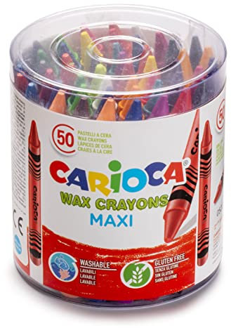 Carioca MAXI WAX | 42388 - Scatola Pastelli a Cera Maxi, Colori Assortiti, 50 pezzi, Multicolore