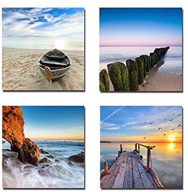 Wieco Art - Seaview Modern 4 Piece Stretched and Framed Seascape Giclee Canvas Prints Artwork Landscape Ocean Sea Beach Pictures Paintings on Canvas Wall Art for Living Room Bedroom Home Decorations