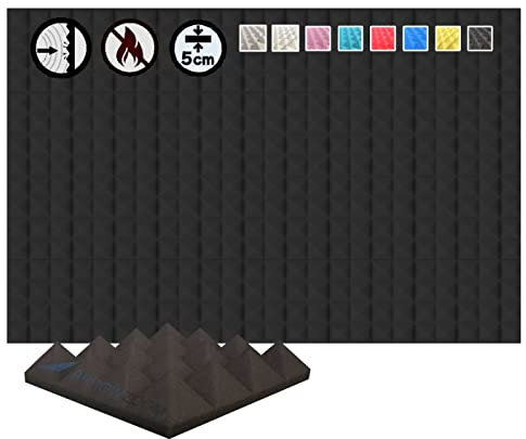 Arrowzoom 24 Akkustik Platten Akkustikschaumstoffmatten Akustikschaumstoff 25x25x5cm Fliesen Dämmung Wanddeko Pyramiden Noppenschaumstoff Breitbandabsorber Decke Foam Feuerhemmend Schwarz