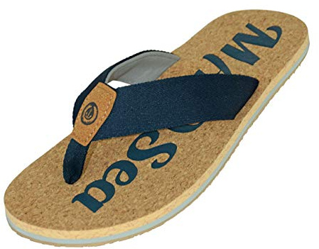 MADSea Herren Damen Unisex Zehenstegpantolette Nature | Flip Flop Zehentrenner Sandale Strand Sommer | Korkoptik dunkelblau grau