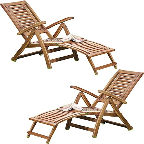 Thompson & Morgan Acacia Hardwood Folding Steamer Deckchair Pre-Treated Garden Furniture with Adjustable Backrest & Integrated Footstool (2)