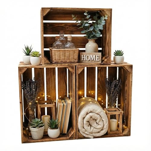 Teramico Obstkisten/Weinkisten/Holzkisten Tolle Set-Angebote -Geflammt oder Natur - massiv und stabil - Ideal zum Möbelbau - Spitenqualität (3er Set Geflammt)