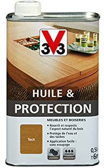 V33 Huile & Protection Pour Meubles et Boiseries Teck 0,5L | Nourrit et respecte l'aspect naturel du bois, Protège de l'eau et des taches, Application facile sans essuyage