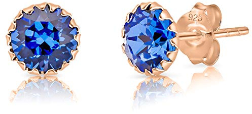 Pendientes Mujer Plata de Ley 925 Chapados Oro Rosa 18K con Brillantes de Cristal Zafiro Azul 6 mm - Pendientes de Botón Pequeños Plata Ley 925 - Clásicos, Elegantes, Joyería Regalo Mujer