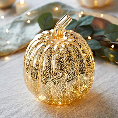 Lights4fun LED Glas Kürbis Gold mit Timer 21cm batteriebetrieben Halloween Deko Kürbis Herbstdeko