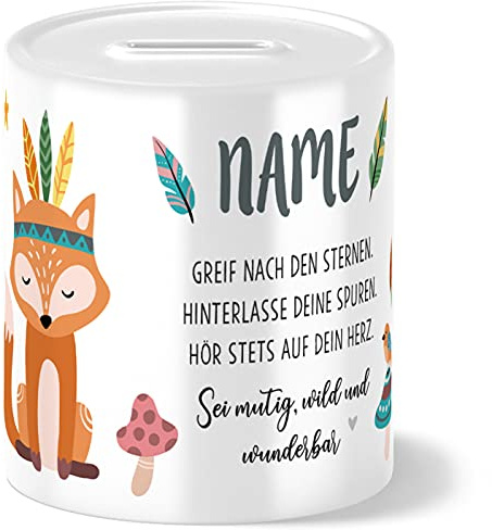 OWLBOOK® Kinder Spardose Fuchs | personalisierte Geschenke Konfirmation Jugendweihe Kommunion Firmung Einschulung Geburt Baby Kind | Geburtstagsgeschenke Kinder | Keramik