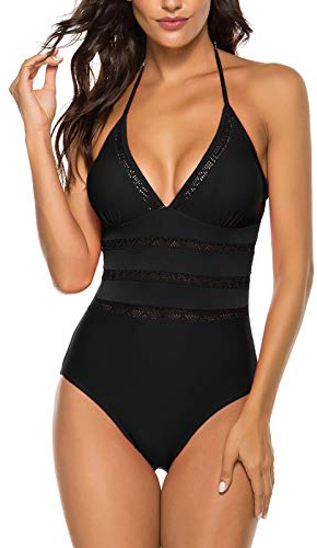 Dam 1-del badkläder enfärgad bikini sexig hög midja badkläder, Style1 svart, XXL