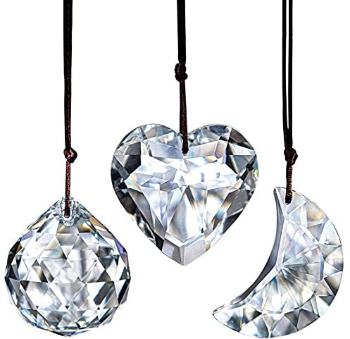 YFCTLM Cazador de Sol Clear SunCatcher Set Crystal Prism Ball Heart Moon Window Decor Ornamento, prismas de Cristales Colgantes para el jardín de Autos, Paquete de 3
